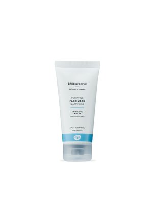 Green People Purifying Face Mask in a white tube with a light blue bottom, featuring black text and a transparent cap. 69% organic.