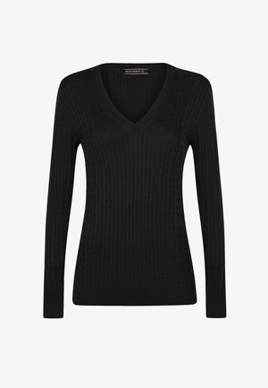 Schwarzer Kabelstrick-V-Ausschnitt-Pullover mit langen Ärmeln, gerippten Bündchen und Saum, auf weißem Hintergrund präsentiert.