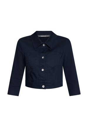 Veste en jean noire courte avec manches longues, fermeture par boutons sur le devant, poches poitrine et col pointu.