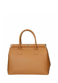 Ljust läderhandväska med en strukturerad form, dubbla handtag upptill och diskret metallbeslag. Slät texturerad yta med minimala detaljer.