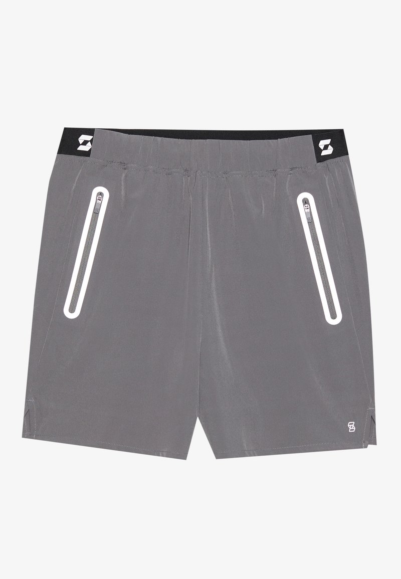 Graue Sportshorts mit elastischem Bund, zwei vertikalen Reißverschlusstaschen mit weißen Rändern und kleinen Logos am Bund und Saum.