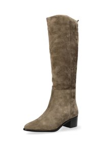 Knee-high taupe suède laars met een spitse neus en een lage blokhak; heeft een slanke silhoutte en subtiele textuur. Ritssluiting aan de achterkant.
