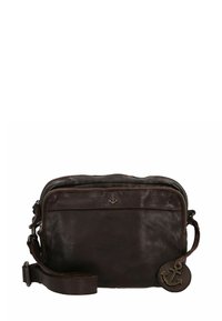 Borsa a tracolla in pelle marrone con chiusura a zip, tasca frontale e un charmo a forma di ancora. Dotata di una tracolla staccabile e una trama liscia.