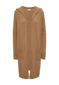 Beige gestrickte lange Strickjacke mit Kapuze, langen Ärmeln und zwei vorderen Taschen. Weiche Textur und gerippte Akzente an den Bündchen und am Saum.