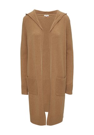 Tan gebreide lange cardigan met een capuchon, lange mouwen en twee voorzakken. Zachte textuur en ribbels aan de manchetten en onderkant.