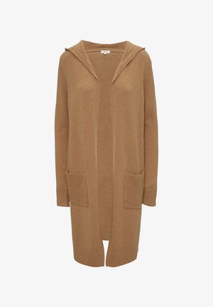Tan gebreide lange cardigan met een capuchon, lange mouwen en twee voorzakken. Zachte textuur en ribbels aan de manchetten en onderkant.