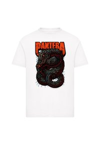 Weißes T-Shirt mit einem schwarzen und roten Schlangendesign, darüber in fettem Orange der Text "PANTERA". Ausgefallenes Design und textruelle Details sind deutlich sichtbar.
