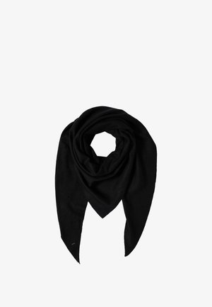 Zwarte sjaal, gemaakt van zachte stof, heeft een driehoekige vorm met puntige uiteinden en een gladde textuur, met subtiele perforaties door de gehele sjaal.