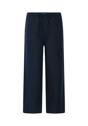 Marineblå vide bukser med elastisk midjebånd og snor, laget av lettvektstoff for hverdagsbruk.