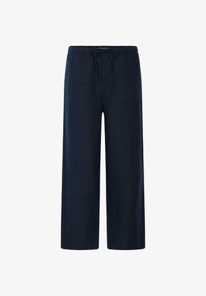 Marineblå vide bukser med elastisk midjebånd og snor, laget av lettvektstoff for hverdagsbruk.