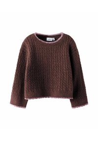 Pull en maille texturé marron avec un col rond et des manches longues ; présente des finitions en côtelé rose au niveau du col et de l'ourlet. Design à la longueur cropped.