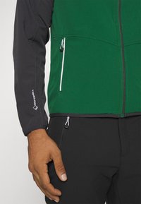 Veste softshell verte avec manches noires, poches zippées et col haut. La texture est lisse avec une apparence légèrement extensible.