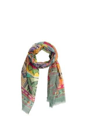Zachte stoffen sjaal met meerkleurige tropische en geometrische patronen, losjes geknoopt, met palmbomen en abstracte ontwerpen.
