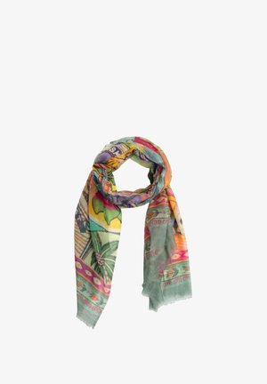 Zachte stoffen sjaal met meerkleurige tropische en geometrische patronen, losjes geknoopt, met palmbomen en abstracte ontwerpen.