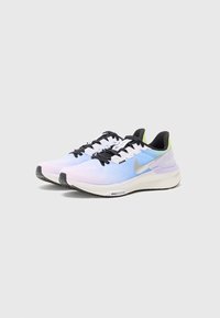 Nike running shoes featuring a gradient blue and lavender mesh upper, black laces, gray logo, and textured sole for traction.