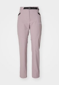 Light lavender outdoor pants with a slim fit, featuring a black adjustable waistband and side pockets, made of a smooth, durable fabric.