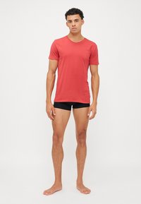 Κόκκινο κοντομάνικο T-shirt από απαλό ύφασμα; κλασικός σχεδιασμός με στρογγυλή λαιμόκοψη; φορεμένο με μαύρη εφαρμοστή εσώρουχο. Απλή και ανάλαφρη στυλιστική επιλογή.