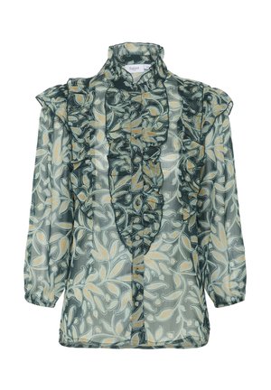 Gennemsigtig bluse med lange ærmer i grøn og beige bladmønster, høj flæsekrave og flæset detalje foran.