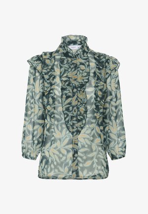 Kerge pikkade varrukatega pluus rohelise ja beeži lehtede mustriga, kõrge volangkraega ja volangdetailiga ees.