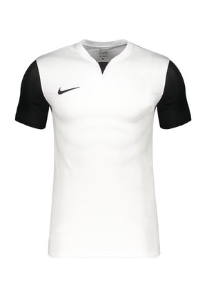 Camiseta deportiva de manga corta con cuerpo blanco, mangas negras, cuello con muesca y pequeño logo negro de Nike en el pecho.