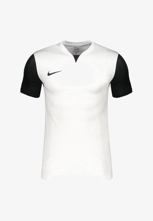 Camiseta deportiva de manga corta con cuerpo blanco, mangas negras, cuello con muesca y pequeño logo negro de Nike en el pecho.