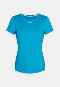 Kortärmad turkos Nike-t-shirt med rund hals. Har en vit swoosh-logga på bröstet. Slät textur, figurnära design.