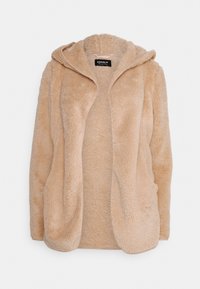Veste à capuche en polaire douce beige avec devant ouvert et manches longues, conçue pour la chaleur et un port décontracté, posée à plat sur un fond blanc.