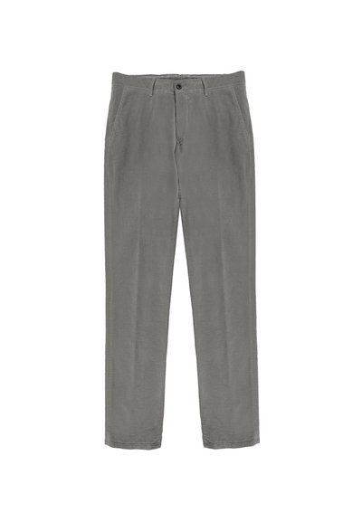 Pantaloni in corduroy grigi con taglio dritto, tasche anteriori e chiusura con zip e bottone. Texture morbida con costine fine.