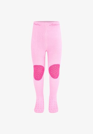 Rosafarbene Kleinkinderstrumpfhosen mit dunkelrosa Kniepatches und rutschfesten Sohlen für Komfort und Sicherheit.