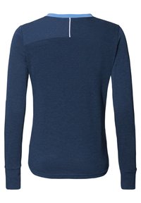 Maglietta a maniche lunghe navy con scollatura rotonda e dettaglio azzurro chiaro. Tessuto morbido, design aderente e cucitura verticale centrale sul retro.
