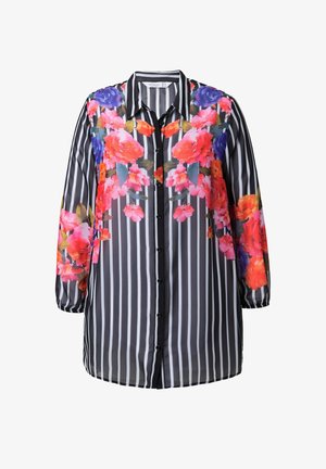 Průsvitná černobílá pruhovaná košile s živým květinovým vzorem v červených a fialových odstínech, s knoflíkovou légu a dlouhými rukávy.