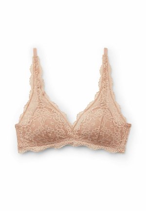 Béžová krajková braletka s květinovým vzorem, tenkými nastavovatelnými ramínky a vroubkovanými okraji, položena na bílém pozadí.