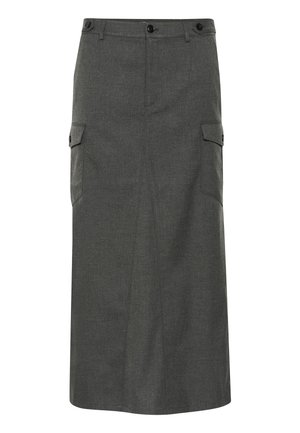 Jupe grise, longue jusqu'au genou, en tissu texturé avec une coupe droite. Elle possède deux poches latérales et une fermeture à bouton à la taille.
