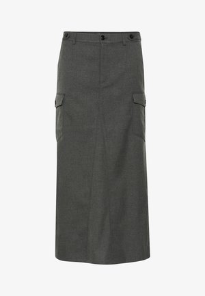 Jupe grise, longue jusqu'au genou, en tissu texturé avec une coupe droite. Elle possède deux poches latérales et une fermeture à bouton à la taille.