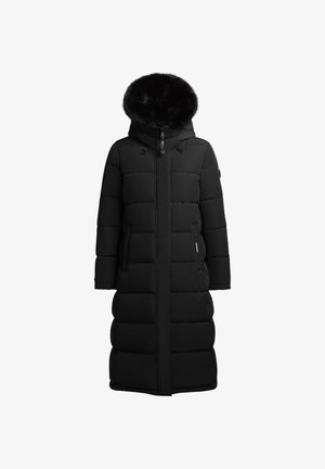 Black padded coat with a fur-trimmed hood, featuring a zip front, side pockets, and vertical seams for structure. Long and warm design.