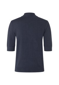 Marineblaues kurzärmliges Strickpolo mit geripptem Kragen und Saum, glatter Textur und simplem Design. Keine Muster oder Akzente sichtbar.