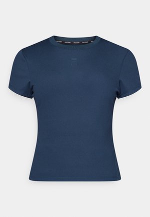 Marineblaues, kurzärmliges T-Shirt aus gerippter Baumwolle mit Rundhalsausschnitt, schmaler Passform und einem dezenten Markenlogo auf der Brust.