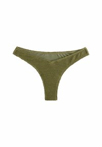 Zeleni pleteni bikini spodnji del z V-oblikovanim sprednjim delom, teksturirano tkanino in gladkim notranjim podlogom. Ima nizko obliko in brezšivne robove.