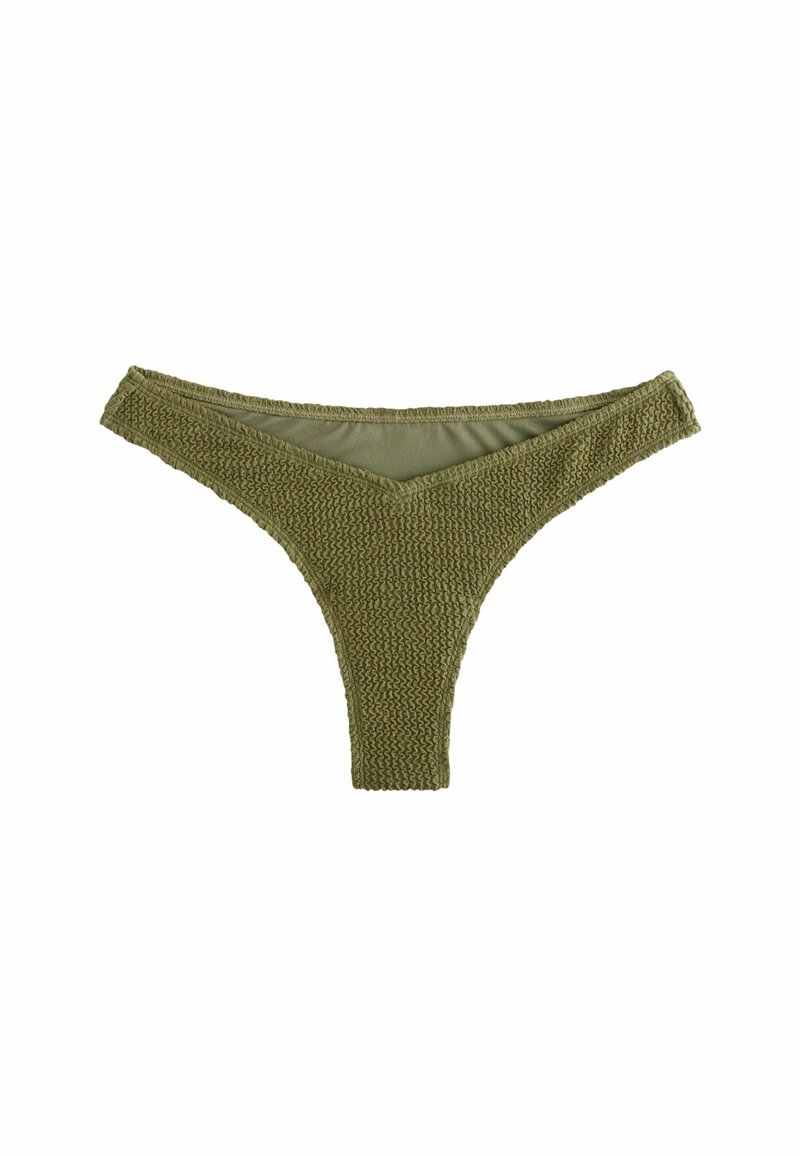Zeleni pleteni bikini spodnji del z V-oblikovanim sprednjim delom, teksturirano tkanino in gladkim notranjim podlogom. Ima nizko obliko in brezšivne robove.