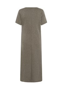 Siva obleka s kratkimi rokavi, do kolen, izdelana iz mehkega materiala, s ravnim krojem in osrednjim šivom na hrbtu.