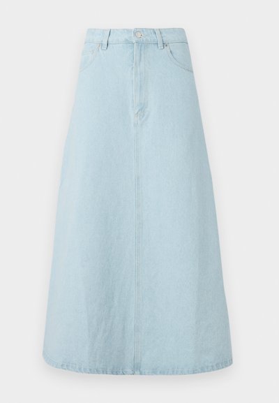 Light blue denim skirt, knee-length, A-line silhouette, with a waistband, front button closure, and two side pockets. Smooth texture.