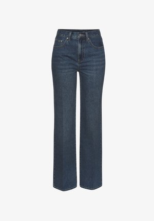 High-waisted, wide-leg jeans in dark blue denim with a smooth texture. Features classic five-pocket design and front button closure.