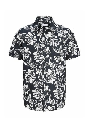Zwart overhemd met korte mouwen, knoopsluiting, witte tropische bloemenprint, borstzak, kraag en label met de tekst "JACK & JONES".