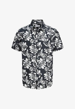 Fekete rövid ujjú, gombos, fehér trópusi virágmintás ing, mellzsebbel, gallérral és a "JACK & JONES" feliratú címkével.
