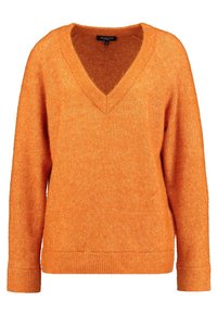 Orange v-ringad tröja med långa ärmar, ribbade ärmslut och nederkant. Tillverkad av ett texturerat stickat material med en mjuk finish.