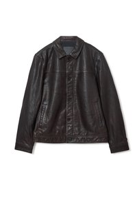Veste en cuir marron avec un col classique, fermeture à boutons, poches latérales et une texture lisse avec une apparence légèrement usée.