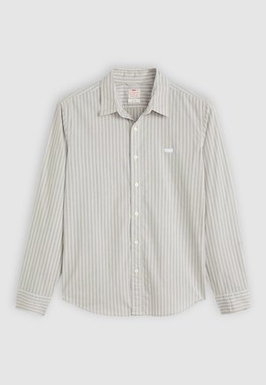 Langarm gestreiftes Hemd in Beige und Hellblau mit einem Button-Down-Kragen, weißen Knöpfen und einem kleinen Logo auf der Brust.