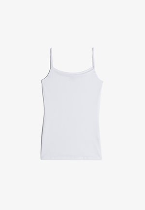 Witte camisole top met dunne schouderbandjes, een ronde halslijn en een aansluitend ontwerp. Gemaakt van gladde, lichte stof.