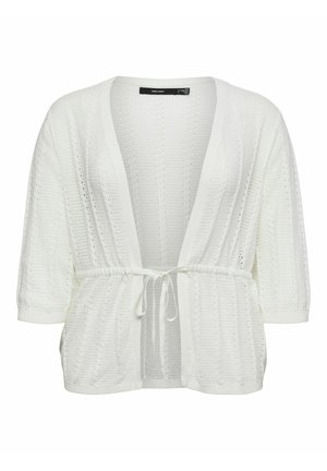 Cardigan bianco lavorato a maglia con apertura frontale, maniche tre quarti e cintura annodata in vita, con motivo strutturato e scollo a V.