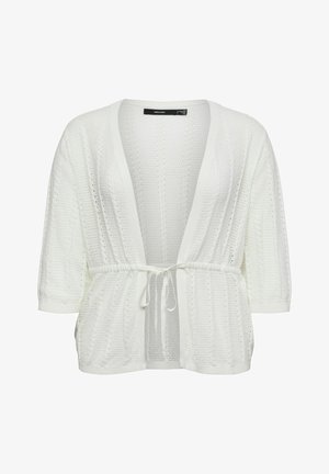 Cardigan bianco lavorato a maglia con apertura frontale, maniche tre quarti e cintura annodata in vita, con motivo strutturato e scollo a V.